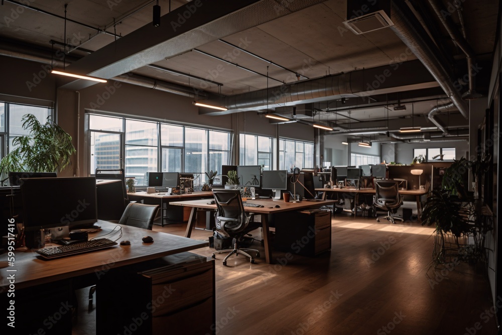 High-quality photograph of modern and well-designed office space. Generative Ai. High-quality photograph of modern and well-designed office space. Generative Ai.
