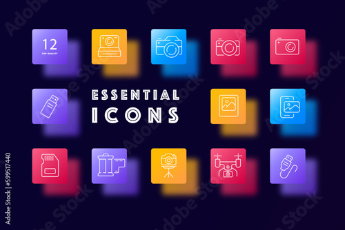 Camera icon set. DSLR camera with a lens and a viewfinder used for capturing high-quality photographs. Photography concept. Glassmorphism style. Vector line icon for Business and Advertising