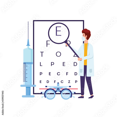 A doctor looks at a prescription with a large eye chart