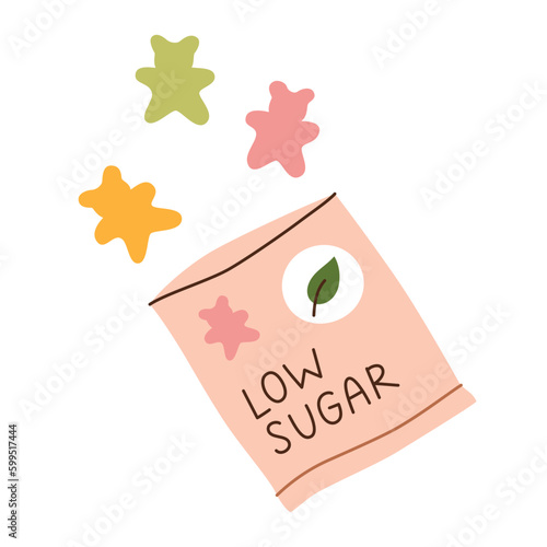 Gummy bears icon, vector doodle illustration of package with jelly sweets, low sugar gummy candies, healthy and vegan gummies, open pack with colorful gummi bears, isolated colored clipart on white ba