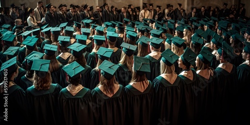 Image of a graduation ceremony with graduates in their caps and gowns. Generative Ai. photo