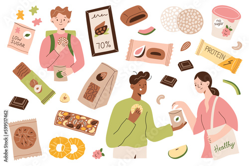 People eating healthy food, hand drawn collection of packaged sweets and snacks, doodle icons of low sugar, preservative free and organic snacks, vector illustrations of protein bars and dried fruit
