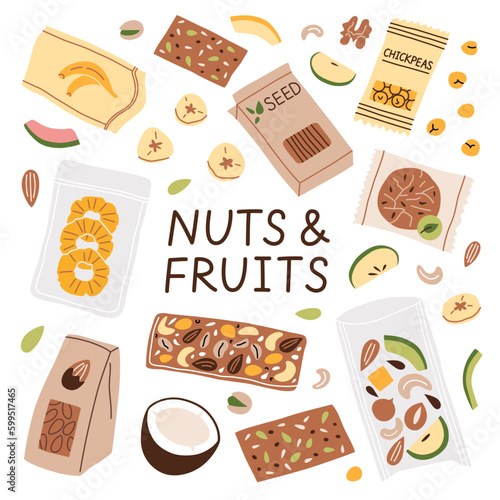 Nuts and dried fruit hand drawn collection, icons of healthy vegan snacks, vector illustrations of dried banana, pineapple, almond, fruit mix, doodle set with lettering, isolated colored clipart