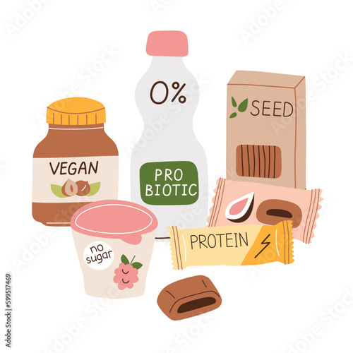 Healthy food hand drawn composition, doodle icons of vegan snacks and drinks, vector illustrations of protein bar, probiotic drink, seed crackers, colored scene on white background