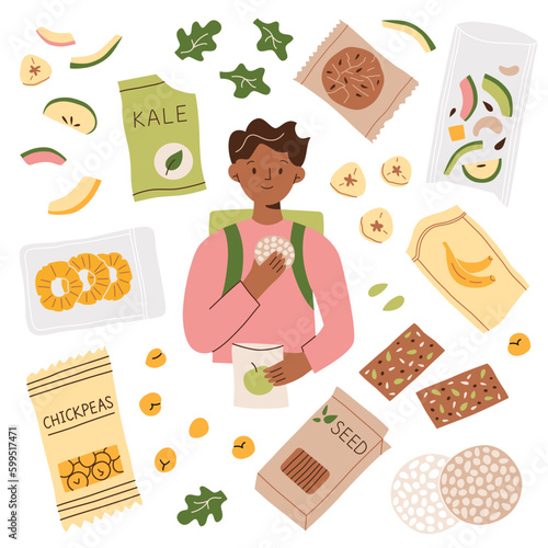 Healthy chips hand drawn collection, boy eating vegan snacks after school, dried fruit, nuts and crisps doodle icons, vector illustrations of kale chips, roasted chickpeas, rice crackers
