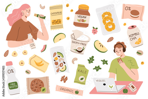 Vegans eating healthy food, vegan snacks hand drawn collection, people eating on the go, icons of packaged plant based food, vector illustrations of organic sweets, dried fruit, dairy free desserts