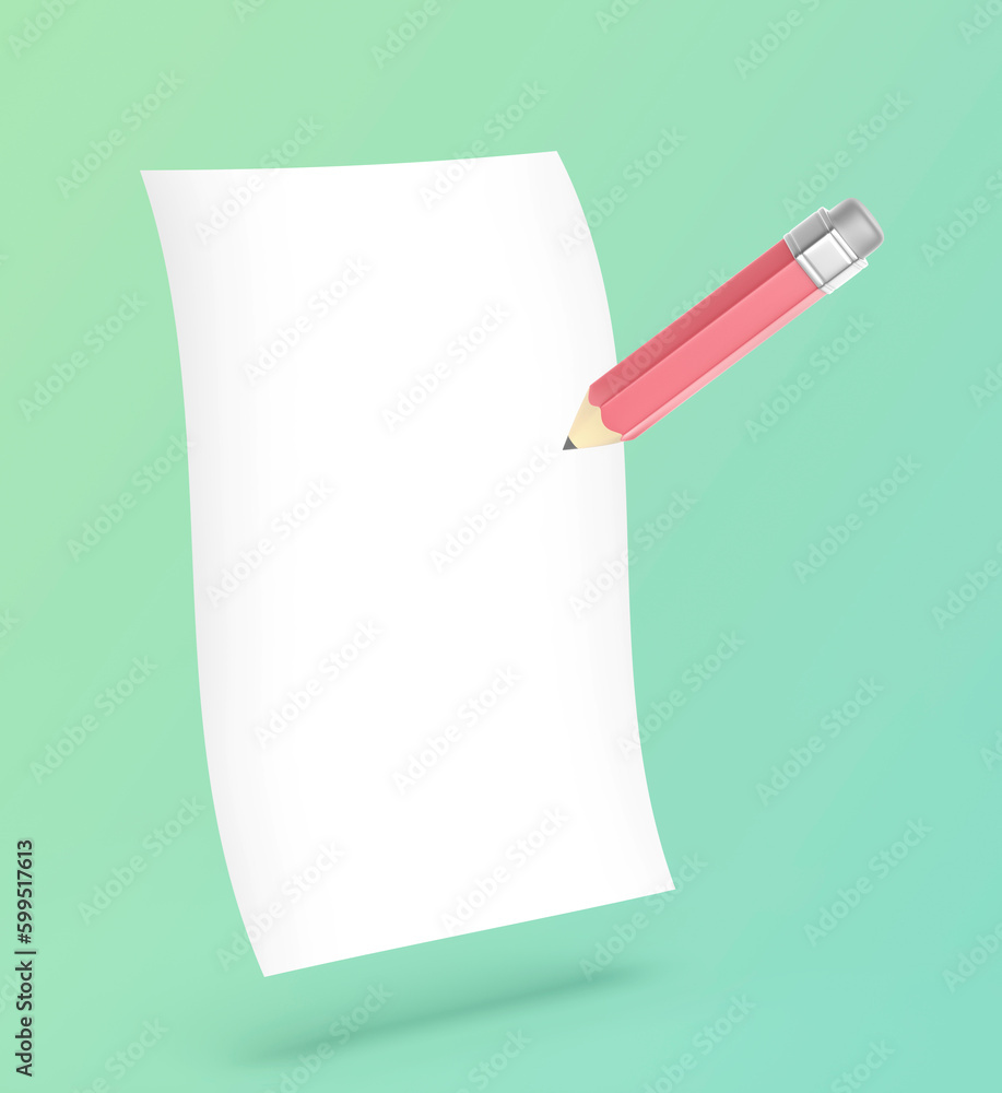 Cartoon style pencil with empty paper sheet on green background Cartoon style pencil with empty paper sheet on green background