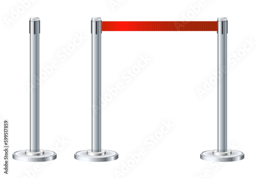 Retractable belt rack. Portable tape barrier. Red tape for fencing. Red carpet with red ropes on silver supports. Exclusive event, movie premiere, gala concert, awards ceremony.