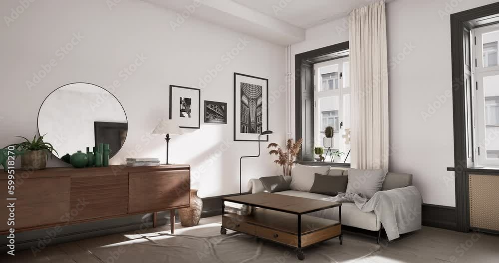 The Magic of a Room Coming to Life. camera moves around a room, revealing the gradual appearance of furniture and furnishings. The Magic of a Room Coming to Life. camera moves around a room, revealing the gradual appearance of furniture and furnishings.