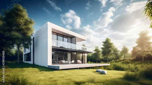 This stunning stock photo captures the essence of modern architecture with a minimalist house design nestled in a lush green landscape, featuring a sleek facade with large windows and clean lines. © CanvasPixelDreams
