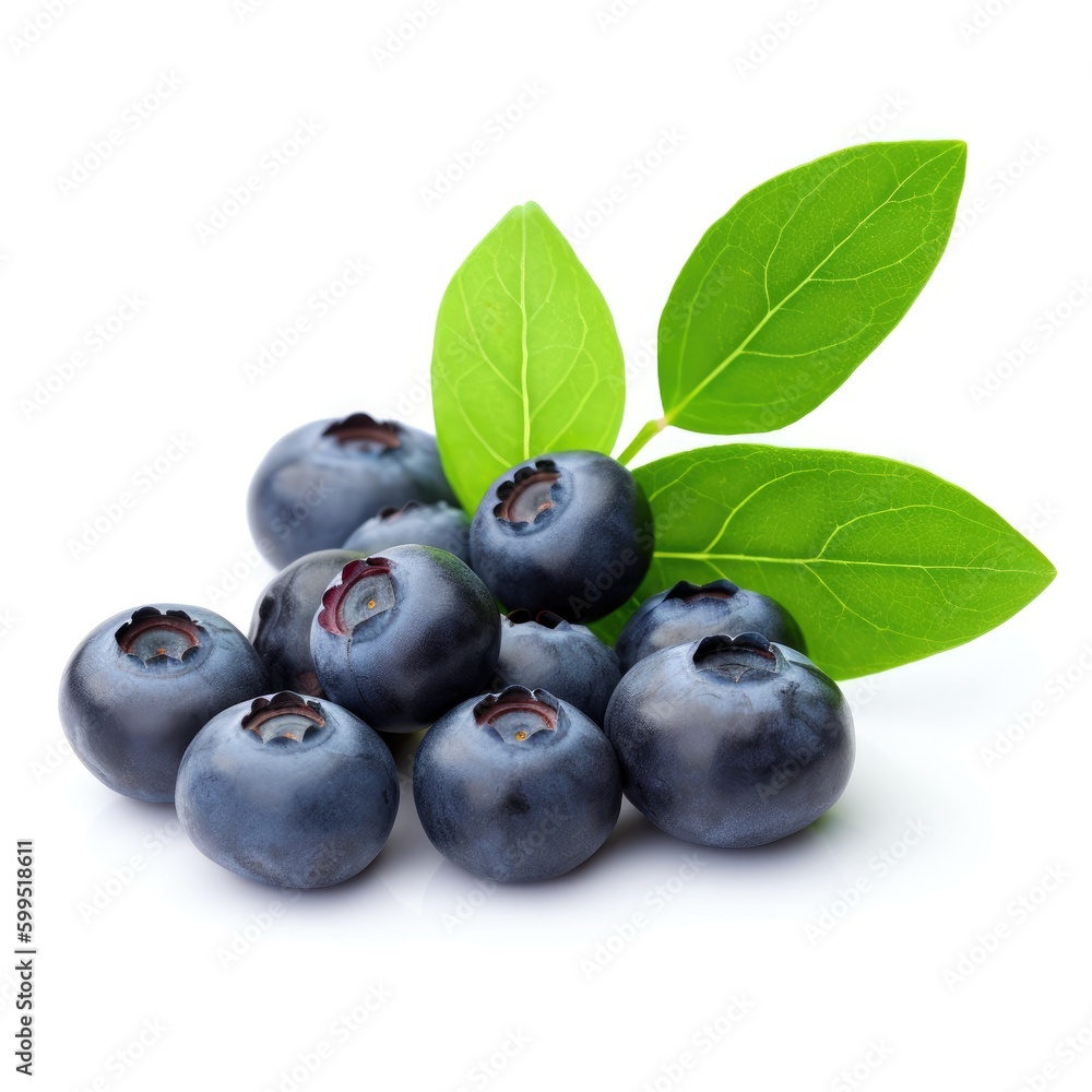 Fresh raw blueberries with green leaves for fruit salad on a white background Generative AI Illustration Fresh raw blueberries with green leaves for fruit salad on a white background Generative AI Illustration