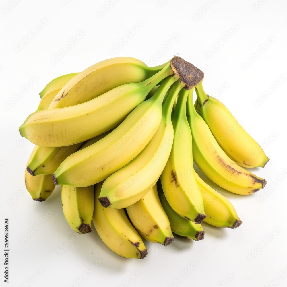 Pile of fresh raw ripe bananas for fruit salads recipes with white background Generative AI Illustration