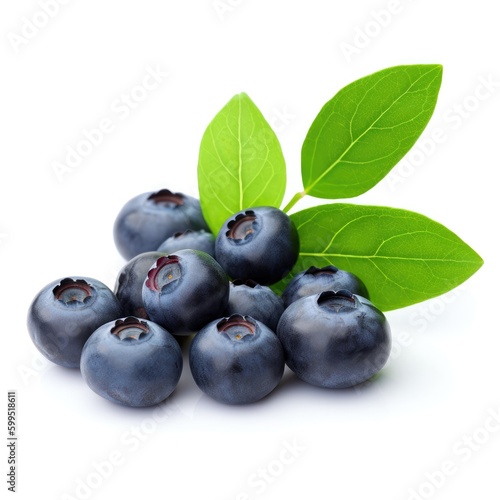 Fresh raw blueberries with green leaves for fruit salad on a white background Generative AI Illustration