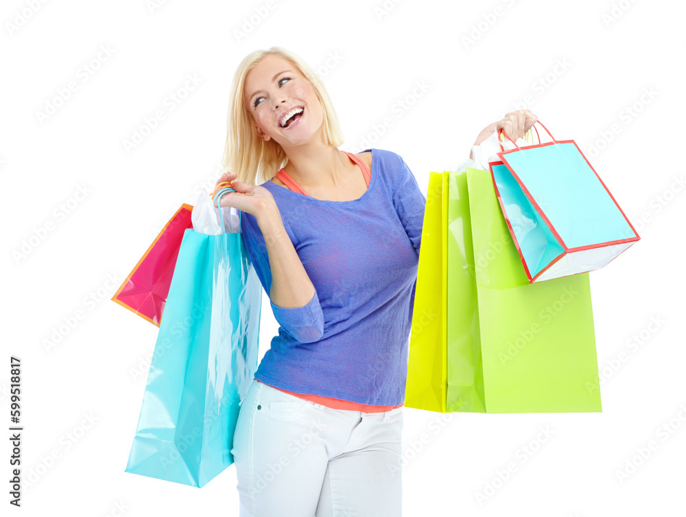 Oh glorious shopping, how I love you. An excited young woman holding shopping bags while isolated on a white background.