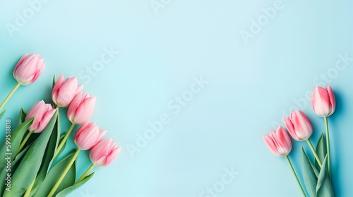 Fototapeta Naklejka Na Ścianę i Meble -  Creative Floral composition. Pink tulip tulips flower on pastel blue background. Template for product presentation display. flat lay top view. copy text space