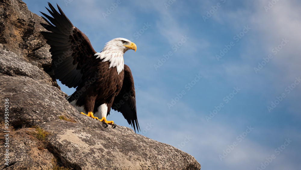 Naklejka premium low angle of a bald eagle sitting on rocks with spread wings and blue sky as background, generative AI