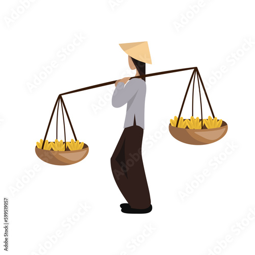 Asian woman in traditional Vietnamese conical hat carrying yoke with whicker baskets with bananas. Cartoon illustration isolated on white background. Vector illustration.