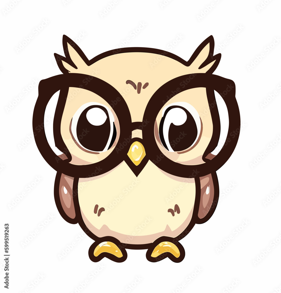 happy cute little owl with glasses, clever bird, logo vector art sticker