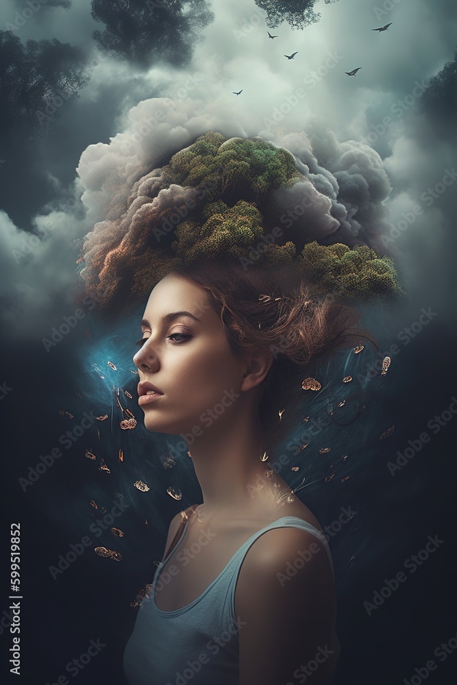 Healing Mental Health Surreal Self Imaginative Portrait Woman Conceptual Dreamlike Nature Landscape Water Generative AI