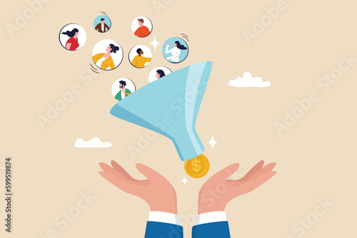 Lead generation gaining customers to convert to sales, marketing funnel conversion rate, advertising analysis concept, hand holding marketing funnel to pull potential customer and convert to sales.