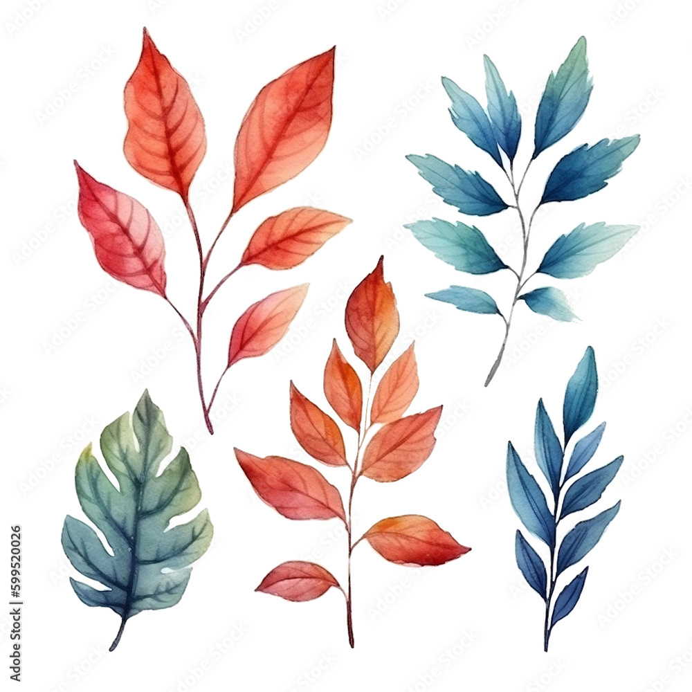 watercolor illustration, leaves and nature elements set 5