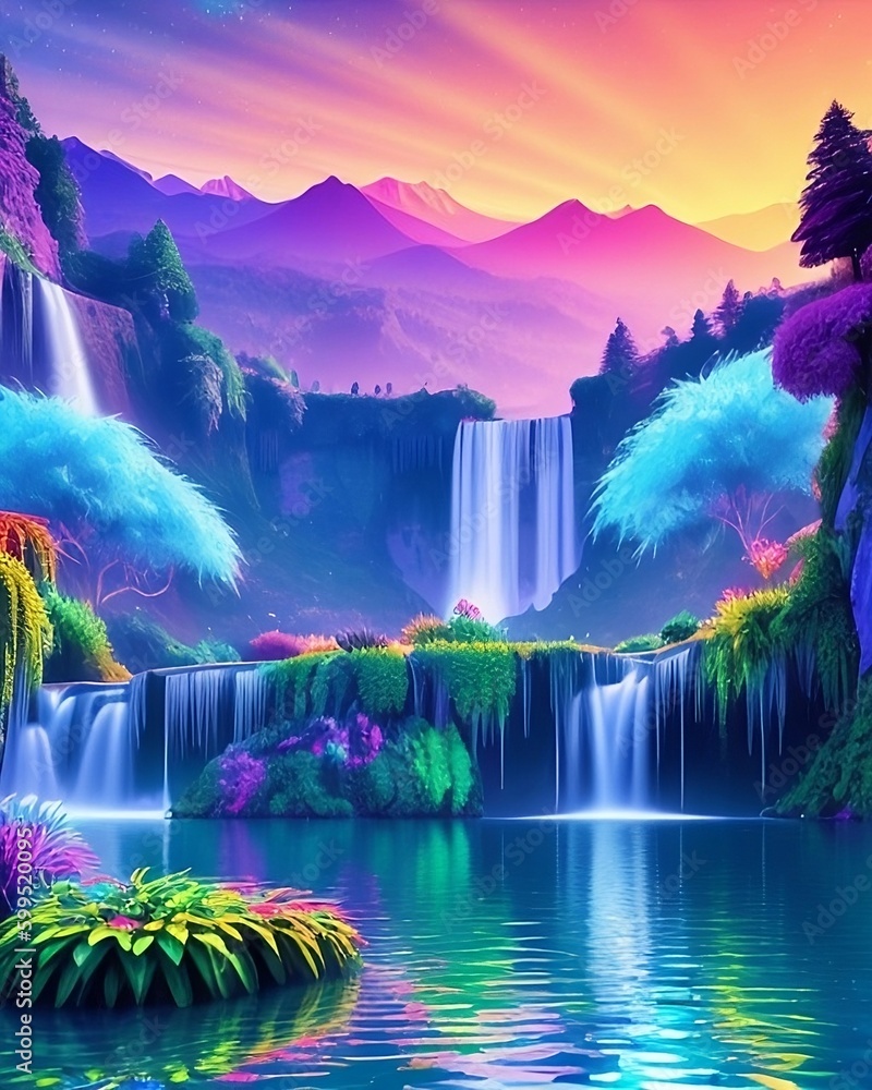 Magical Rainbow in the mountains. A shimmering lake made of binary data, surreal illuminating waterfall in the style of synthwave, cyberpunkk, highly detailed, cinematic, volumetric, 3D, 8k