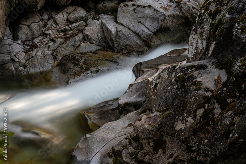 Torrente di montagna in luce diurna fotografato con esposizione lunga  effetto mosso dell acqua che scorre velocemente