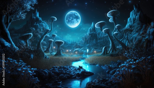 Esoteric euphoric late night alien world utopian mountain. Fantasy alien world planet.