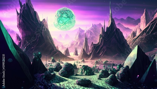 Esoteric euphoric late night alien world utopian mountain. Fantasy alien world planet.