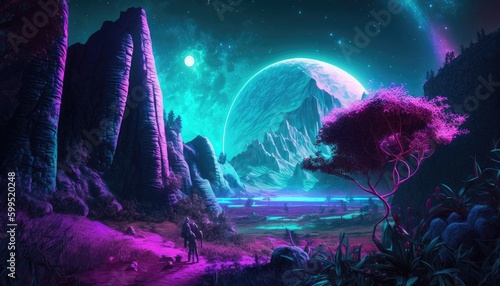Esoteric euphoric late night alien world utopian mountain. Fantasy alien world planet. © Photo And Art Panda