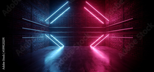 Sci FI Futuristic Cyber Grunge Concrete Laser Neon Glowing Purple Blue Corridor Tunnel Brick Walls Showroom Podium Night Light Barn Warehouse 3D Rendering