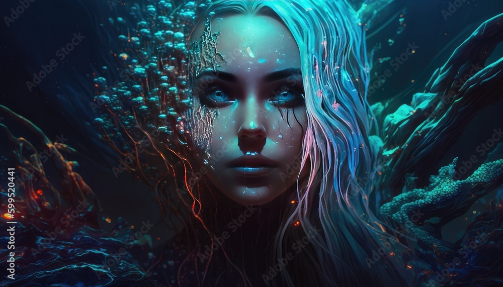 Bioluminescence avatar mermaid surreal atmosphere painting. Created with generative AI