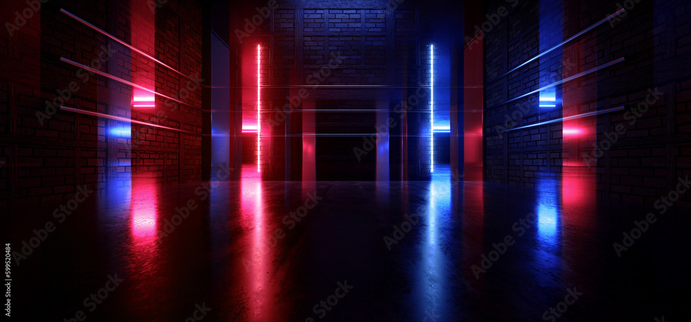 Sci FI Futuristic Cyber Grunge Concrete Laser Neon Glowing Purple Blue Corridor Tunnel Brick Walls Showroom Podium Night Light Barn Warehouse 3D Rendering Sci FI Futuristic Cyber Grunge Concrete Laser Neon Glowing Purple Blue Corridor Tunnel Brick Walls Showroom Podium Night Light Barn Warehouse 3D Rendering