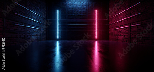Sci FI Futuristic Cyber Grunge Concrete Laser Neon Glowing Purple Blue Corridor Tunnel Brick Walls Showroom Podium Night Light Barn Warehouse 3D Rendering