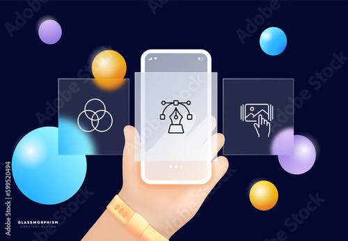 Photo editing app icon set. Illustration of software or application for editing, enhancing. Photography concept. Glassmorphism. UI phone app screens. Vector line icon for Business