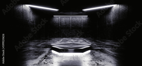 Sci Fi Dark Grunge Concrete Cement Stone Dark Stage Podium Barn Hangar Brick Walls Room Product Showcase Platform 3D Rendering