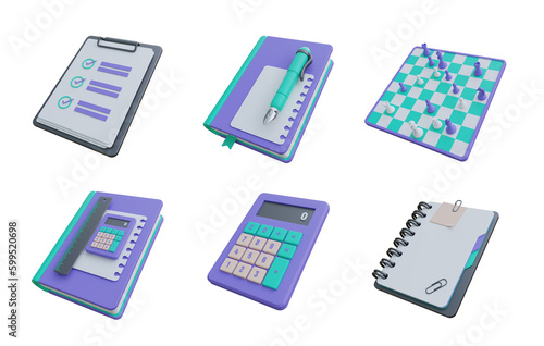 3d render collection of business or school items including a calculator pen notebook chess board clipboard