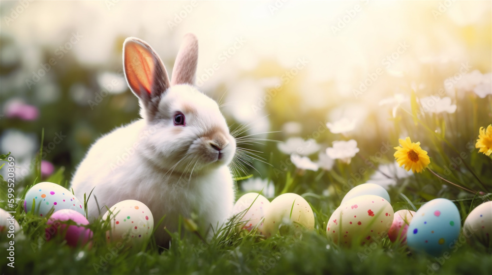 Fototapeta premium Easter white bunny and eggs on a meadow