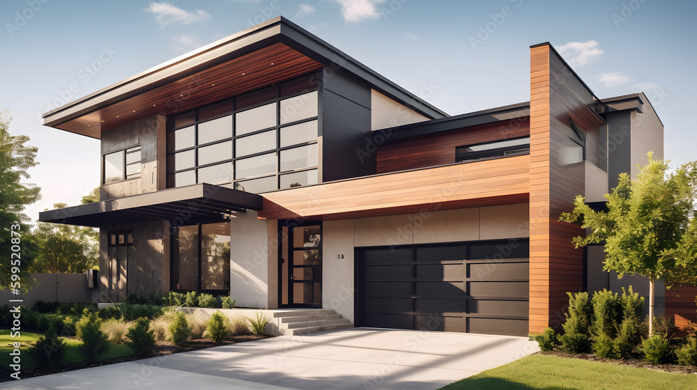 This stunning stock photo showcases a beautifully crafted modern house design featuring a bold and sophisticated facade with a warm color palette and exquisite attention to detail. - obrazy, fototapety, plakaty 