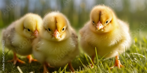 Yellow little chicks outdoor on fresh grass