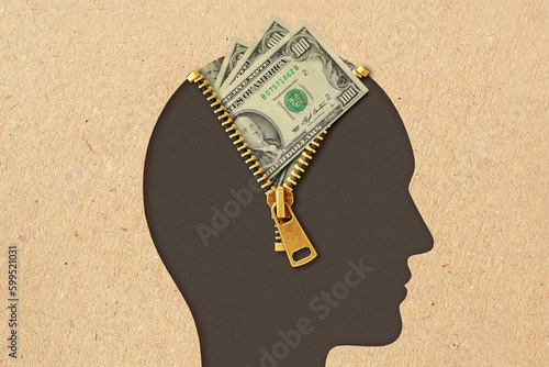 Man head profile with open zipper and dollar banknotes - Concept of thinking about money and financial success