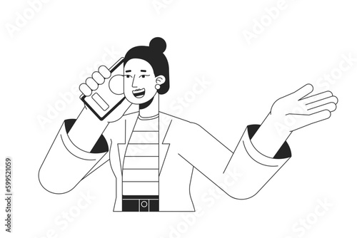 Girl sharing good news via phone call bw vector spot illustration. Lady with cellphone 2D cartoon flat line monochromatic character on white for web UI design. Editable isolated outline hero image