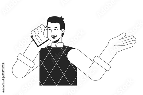 Extroverted man having conversation on phone bw vector spot illustration. Making call 2D cartoon flat line monochromatic character on white for web UI design. Editable isolated outline hero image