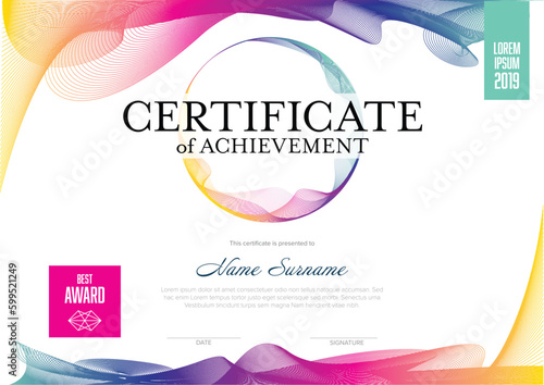 Modern fresh, certificate template layout with rainbow curved lines