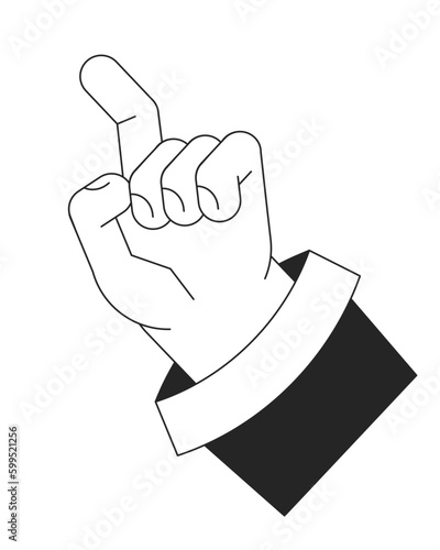 Raised up hand with index finger ready to touch bw vector spot illustration. 2D cartoon flat line monochromatic first view hand on white for web UI design. Editable isolated outline hero image