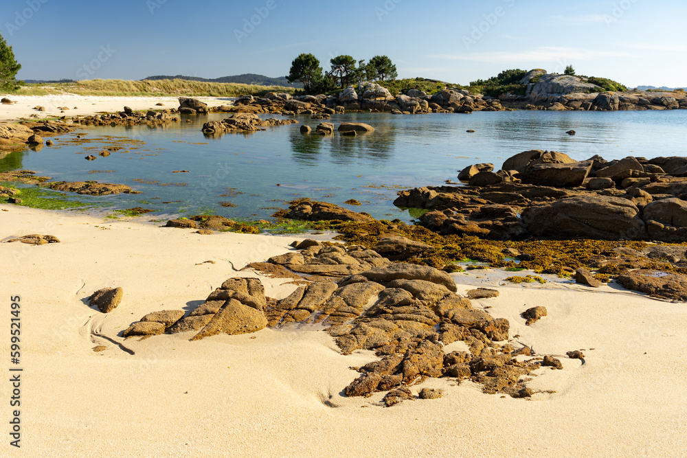Obraz premium Beach at sunset in the Carreirón Natural Park into the Arousa island with the pine forest