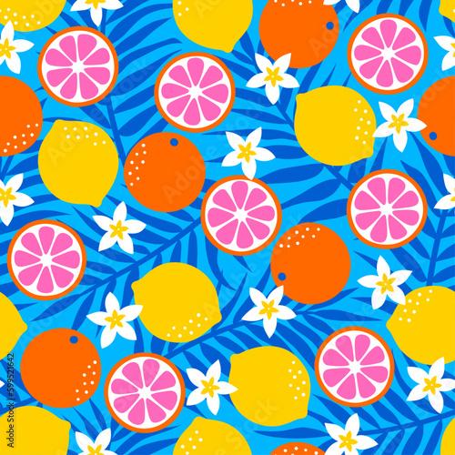 Colorful citrus fruit, palm leaf and flower seamless pattern for summer holidays background.