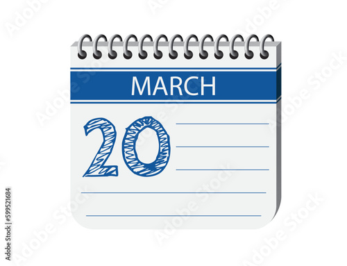 20 march one day blue notebook page calendar vector, place for text. Blue 3d one day appointment calendar illustration. Abstract three dimensional daily date appointment, agenda, event calendar. 