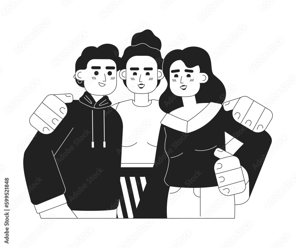 Surround yourself with good people 2D vector monochrome isolated spot illustration. Best friends group hugging flat hand drawn characters on white background. Friendship editable outline cartoon scene