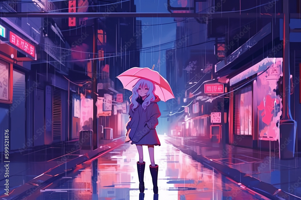 Pretty anime girl standing at night city street in the rain. AI